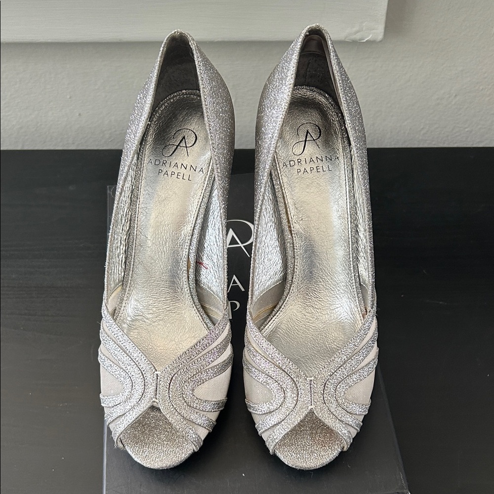 Adrianna Papell Silver Glitter Peep Toe Heels